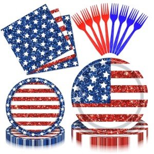 PhyLence 100 Pcs 4th of July Patriotic Tableware Set - Disposable American Flag Dinnerware with Glitter Paper Plates, Napkins, Forks for Independence Day, Memorial Day, Veterans Day BBQ - Serves 25
