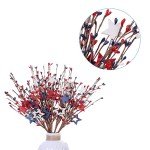 DIYFLORU 4th of July Patriotic Stems Picks 17" with Wood Star Red White Blue Pip Berry Independence Memorial Day Branches for Home Centerpiece Patriotic Table Decorations (6 Piece)