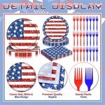 PhyLence 100 Pcs 4th of July Patriotic Tableware Set - Disposable American Flag Dinnerware with Glitter Paper Plates, Napkins, Forks for Independence Day, Memorial Day, Veterans Day BBQ - Serves 25