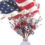 DIYFLORU 4th of July Patriotic Stems Picks 17" with Wood Star Red White Blue Pip Berry Independence Memorial Day Branches for Home Centerpiece Patriotic Table Decorations (6 Piece)