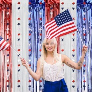 BAHABY 4th of July Decorations Set: 8 Strands Patriotic Star Streamers Banner Garland + 2 Pack 3.28Ft x 6.56Ft Metallic Tinsel Foil Fringe for Independence Day Memorial Day