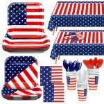 170 Pcs 4th of July Decorations American Flag Patriotic Party Supplies Serve 24, 4th of July Plates Napkins Cups Knives Forks Spoons Tablecloths Red White and Blue Decorations for Independence Day