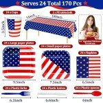 170 Pcs 4th of July Decorations American Flag Patriotic Party Supplies Serve 24, 4th of July Plates Napkins Cups Knives Forks Spoons Tablecloths Red White and Blue Decorations for Independence Day
