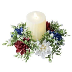 4th of July Candle Rings Artificial Flower Wreath Red Blue White Patriotic Candle Holder 9.84" Tables Centerpieces Home Farmhouse Decor for Independence Day Memorial Day