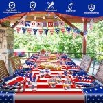 170 Pcs 4th of July Decorations American Flag Patriotic Party Supplies Serve 24, 4th of July Plates Napkins Cups Knives Forks Spoons Tablecloths Red White and Blue Decorations for Independence Day