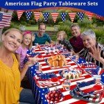 170 Pcs 4th of July Decorations American Flag Patriotic Party Supplies Serve 24, 4th of July Plates Napkins Cups Knives Forks Spoons Tablecloths Red White and Blue Decorations for Independence Day