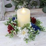 4th of July Candle Rings Artificial Flower Wreath Red Blue White Patriotic Candle Holder 9.84" Tables Centerpieces Home Farmhouse Decor for Independence Day Memorial Day