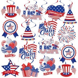 40Pcs 4th of July Decorations Hanging Swirls, Double Sided Independence Day Ceiling Hanging Decor Patriotic Streamers Foil Swirl for 4th of July Independence Day Patriotic Party Decorations