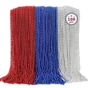 EOBOH 100PCS 4th of July Accessories, Independence Day Beads Necklace Bulk, Fourth of July Red Blue Silver Necklace Party Favors, Beads for Patriotic Parade Party Celebration Favors Decorations