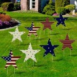 July 4th Patriotic Decorations Outdoor: 8pcs Vintage American Flag Stars Yard Signs with Stakes, Rustic Red White Blue Memorial Day Decor, Corrugated Waterproof Lawn Garden Decorations Outside