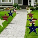 July 4th Patriotic Decorations Outdoor: 8pcs Vintage American Flag Stars Yard Signs with Stakes, Rustic Red White Blue Memorial Day Decor, Corrugated Waterproof Lawn Garden Decorations Outside