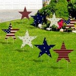 July 4th Patriotic Decorations Outdoor: 8pcs Vintage American Flag Stars Yard Signs with Stakes, Rustic Red White Blue Memorial Day Decor, Corrugated Waterproof Lawn Garden Decorations Outside