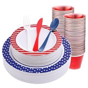 Supernal 180pcs 4th of July Plates,American Flag Plates,Red White and Blue Plastic Silverware for Independence Day,Include Dinner Plates,Dessert Plates,Forks,Knives,Spoons,Cups,Independence Day Party