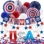 DMIGHT 4th of July Decorations, 33PCS Patriotic Memorial Day Decorations Set with Banner, USA Balloons, Paper Fans, Star Streamer, Hanging Swirls, Paper Pom Poms for Fourth of July Red White and Blue