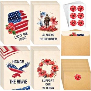 Watersay 100 Sets Memorial Day Cards Bulk 4th of July Thank You Cards with Envelopes and Stickers Patriotic Veteran Military Appreciation Note Watercolor Card 4 x 6 Inch