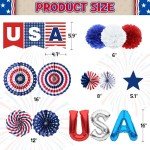 DMIGHT 4th of July Decorations, 33PCS Patriotic Memorial Day Decorations Set with Banner, USA Balloons, Paper Fans, Star Streamer, Hanging Swirls, Paper Pom Poms for Fourth of July Red White and Blue
