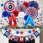 DMIGHT 4th of July Decorations, 33PCS Patriotic Memorial Day Decorations Set with Banner, USA Balloons, Paper Fans, Star Streamer, Hanging Swirls, Paper Pom Poms for Fourth of July Red White and Blue