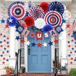 DMIGHT 4th of July Decorations, 33PCS Patriotic Memorial Day Decorations Set with Banner, USA Balloons, Paper Fans, Star Streamer, Hanging Swirls, Paper Pom Poms for Fourth of July Red White and Blue