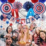 DMIGHT 4th of July Decorations, 33PCS Patriotic Memorial Day Decorations Set with Banner, USA Balloons, Paper Fans, Star Streamer, Hanging Swirls, Paper Pom Poms for Fourth of July Red White and Blue