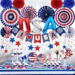 DMIGHT 4th of July Decorations, 33PCS Patriotic Memorial Day Decorations Set with Banner, USA Balloons, Paper Fans, Star Streamer, Hanging Swirls, Paper Pom Poms for Fourth of July Red White and Blue