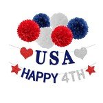 Fourth-4th of July Imemorial-Day Party-Decorations - 8pcs Red White Blue Patriotic Banner Hanging USA Garland Streamers, Paper Tissue Pom Poms Flowers,America Independence Day Decor Lasting Surprise