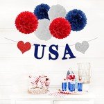 Fourth-4th of July Imemorial-Day Party-Decorations - 8pcs Red White Blue Patriotic Banner Hanging USA Garland Streamers, Paper Tissue Pom Poms Flowers,America Independence Day Decor Lasting Surprise