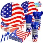 JOYIN 180 Pcs Patriotic Party Supplies Dinnerware Set of 30 Plates,30 Napkins,30 Paper Cups and 90 Plastic Utensils for 4th of July Celebration, Memorial Day, Patriotic Party Decoration (Serves 30)