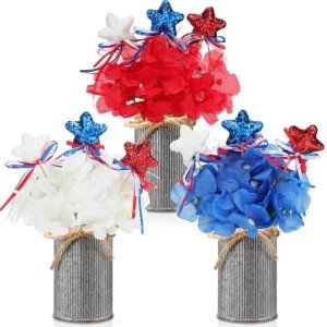 Maysing 3 Sets 4th of July Table Centerpieces Memorial Independence Day Patriotic Red White Blue Artificial Hydrangeas Flower with Vase and Glitter Stars Picks for Home Office(Iron Color)