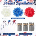 Maysing 3 Sets 4th of July Table Centerpieces Memorial Independence Day Patriotic Red White Blue Artificial Hydrangeas Flower with Vase and Glitter Stars Picks for Home Office(Iron Color)