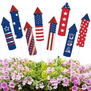 CroBlissful 8 Pcs 4th of July Garden Stake Metal American Flag Yard Sign Patriotic Decor for Independence Day Memorial Day Metal Plant Stick Outdoor Lawn Garden Home Yard Decorations (Rockets)