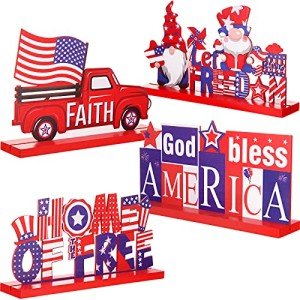 4 Pieces Patriotic Table Decoration 4th of July Wooden Table Centerpiece Independence Day Wood Letter Sign Home of Free God Bless America Table Decoration for Patriotic Party Memorial Day Home Decor