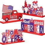 4 Pieces Patriotic Table Decoration 4th of July Wooden Table Centerpiece Independence Day Wood Letter Sign Home of Free God Bless America Table Decoration for Patriotic Party Memorial Day Home Decor