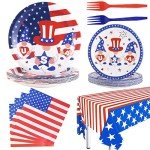 4th of July Party Suppliers, Servers 24 Guests Patriotic Paper Plates Napkins Forks Tablecloth, Red White Blue Gnome Tableware Dinnerware Kit for Memorial Day Independence Day Decorations Decor Party