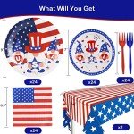 4th of July Party Suppliers, Servers 24 Guests Patriotic Paper Plates Napkins Forks Tablecloth, Red White Blue Gnome Tableware Dinnerware Kit for Memorial Day Independence Day Decorations Decor Party