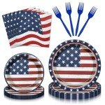 96 Pieces Patriotic Tableware Set – Vintage American Flag Disposable Dinnerware with Paper Plates, Napkins, Cups, Forks for Fourth of July, Memorial Day, Veterans Day Celebrations, Serves 24 Guests