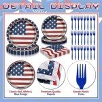 96 Pieces Patriotic Tableware Set – Vintage American Flag Disposable Dinnerware with Paper Plates, Napkins, Cups, Forks for Fourth of July, Memorial Day, Veterans Day Celebrations, Serves 24 Guests