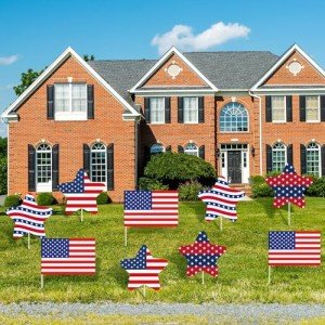 Geelin 12 Pack 4th of July Yard Signs Patriotic Star Picks with Stick Red Blue and White Yard Signs Outdoor Independence Day Lawn Patio Decorations for Home Garden Pathway Decor