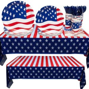 SJJCHU 4th of July American Flag Patriotic Tableware Set,Independence Day Memorial Day Veterans Day Party Supplies Serves 24 Guests Including Paper Plates Napkins Tablecovers Cups Straws Cutlery