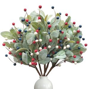 TEMPUS 10Pcs Artificial Red, White and Blue Berries Stems with Lambs Leaves 4th of July Independence Day Stems Patriotic Decorations Memorial Day Flag Day Floral Arrangement Table Centerpieces