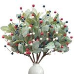 TEMPUS 10Pcs Artificial Red, White and Blue Berries Stems with Lambs Leaves 4th of July Independence Day Stems Patriotic Decorations Memorial Day Flag Day Floral Arrangement Table Centerpieces