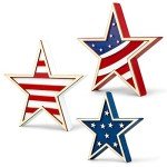 Whaline 4th of July Star Table Decor Patriotic Embossed Stars Stripes Wooden Sign American Flag Tiered Tray Table Centerpiece Farmhouse Wood Block Tabletop for Independence Day Memorial Day, 3Pcs