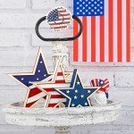 Whaline 4th of July Star Table Decor Patriotic Embossed Stars Stripes Wooden Sign American Flag Tiered Tray Table Centerpiece Farmhouse Wood Block Tabletop for Independence Day Memorial Day, 3Pcs
