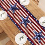 Linen Watercolor Red White and Blue American Flag Stars Table Runner 72 Inches Long 4th of July Memorial Day Veterans Day Patriotic Decoration and Supplies for Home