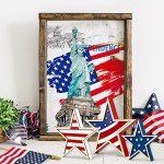 Whaline 4th of July Star Table Decor Patriotic Embossed Stars Stripes Wooden Sign American Flag Tiered Tray Table Centerpiece Farmhouse Wood Block Tabletop for Independence Day Memorial Day, 3Pcs