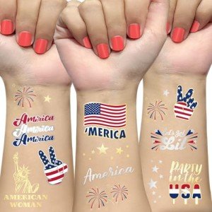 AOYOO 4th of July Decorations Tattoos for Women | 34 Styles Glitter Patriotic USA Flag Tattoo Stickers | Independence Day, Memorial Day & Labor Day Body Art | Red White Blue Party Decorations