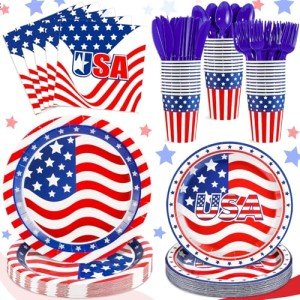 NatNarr 175 Pcs 4th of July Plates and Napkins, Memorial Day Party Supplies Includes American Flag Plates Napkins Cups Cutlery, Red White and Blue Party Decorations for Independence Day
