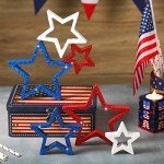 Blulu 6 Pieces Labor Day Decorations Wooden Star Signs Patriotic Decoration Christmas Table Decor for Home Tiered Tray Shelf Party Decor (White,Blue and Red with Glitter)