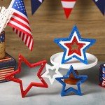 Blulu 6 Pieces Labor Day Decorations Wooden Star Signs Patriotic Decoration Christmas Table Decor for Home Tiered Tray Shelf Party Decor (White,Blue and Red with Glitter)