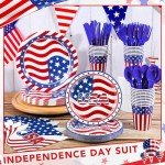 NatNarr 175 Pcs 4th of July Plates and Napkins, Memorial Day Party Supplies Includes American Flag Plates Napkins Cups Cutlery, Red White and Blue Party Decorations for Independence Day