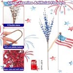 Wootkey 10 Pcs 29" 4th of July Decorations Red White Blue Artificial Jasmine Flowers Patriotic Independence Day Memorial Day Flower Picks for Home Table Centerpiece Party Decor